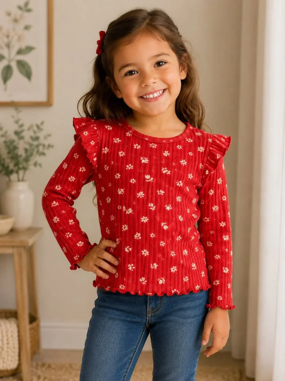 Old Navy Girls Ribbed Floral Long Sleeve Top Red Size 5T Soft Stretch Shirt